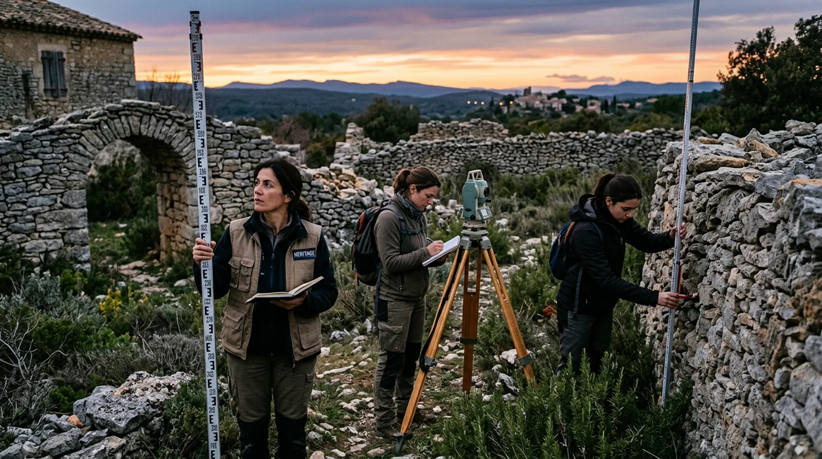 Équipe technique de terrain lors d'un relevé au crépuscule