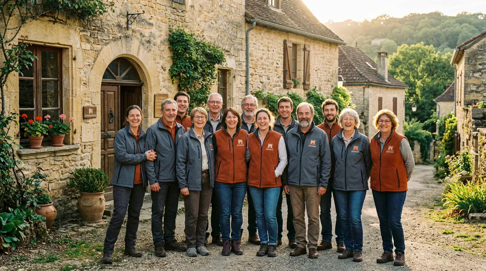 Groupe de bénévoles de l'association portant les vestes grises et orange sur le terrain